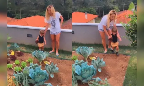 Zoe e Sabrina Sato se diverte em horta caseira