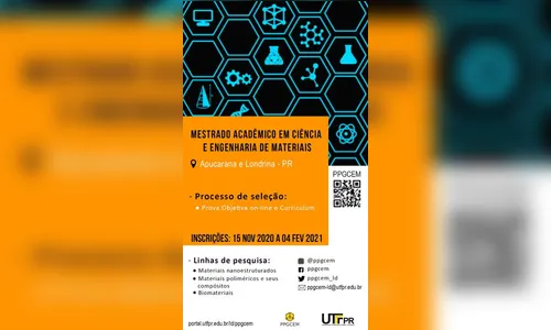 UTFPR oferta Mestrado Acadêmico em Ciência e Engenharia de Materiais
