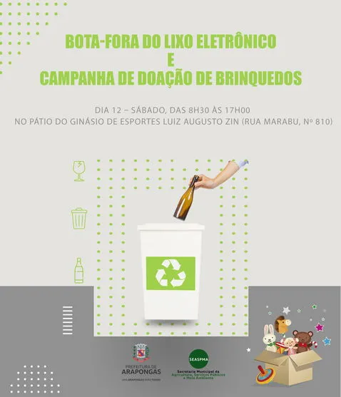 Neste sábado, acontece o bota-fora do lixo eletrônico e doação de brinquedos