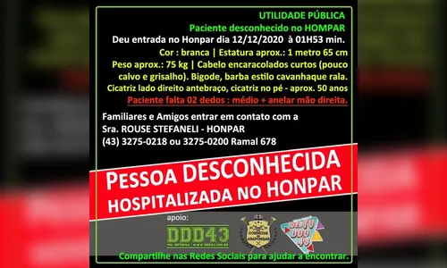 Honpar procura família de paciente desconhecido hospitalizado
