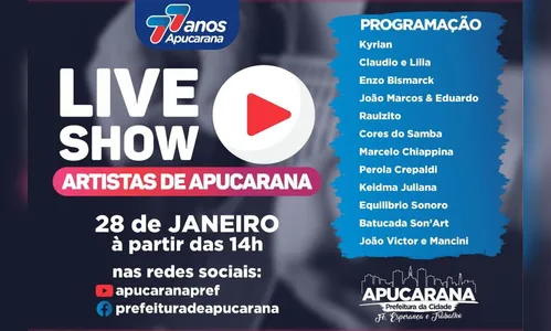 Aniversário de Apucarana tem Live com artistas locais