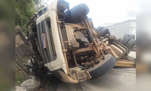 Carreta carregada com chapas de madeira tomba na BR-376