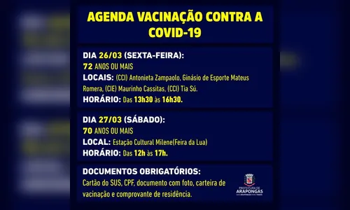Arapongas começa vacinar idosos de 72 anos nesta sexta