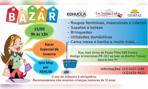 Sábado tem bazar beneficente da Edhucca, Lar e GemPaz