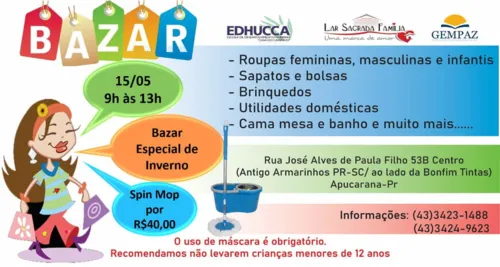 Sábado tem bazar beneficente da Edhucca, Lar e GemPaz