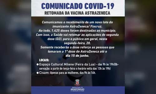 Arapongas retoma vacinação com AstraZeneca nesta segunda