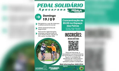 Pedal solidário acontece neste domingo em Apucarana
