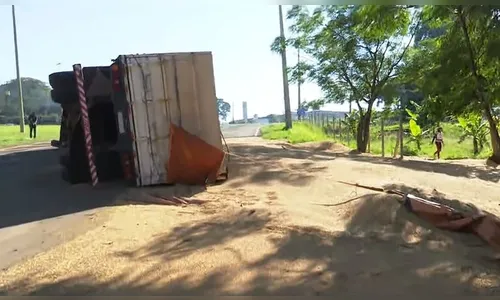 Caminhão tomba e espalha carga de soja em Cambé
