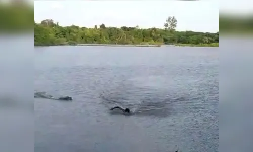 Homem nada em lago proibido para banho e acaba sendo atacado
