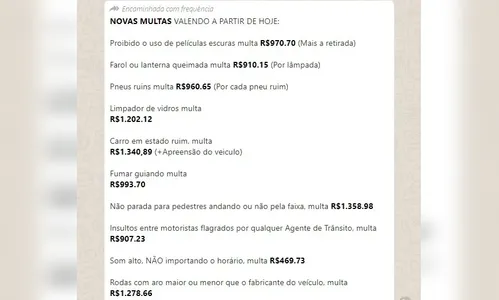 Mensagem com novos valores de multas de trânsito é falsa