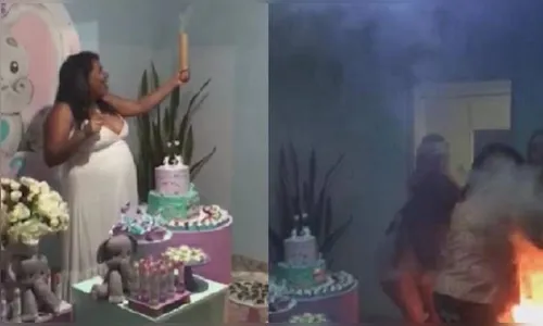 Vestido de grávida pega fogo durante chá revelação; veja