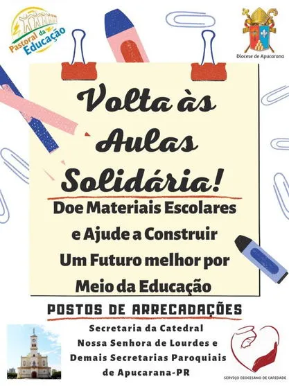 Doações: Pastoral de Apucarana arrecada material escolar