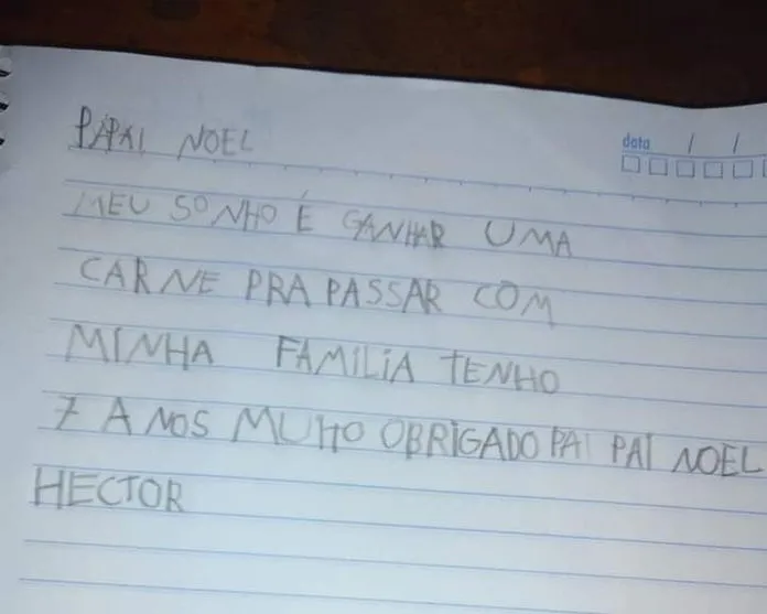 Menino de 7 anos pede carne em cartinha para Papai Noel