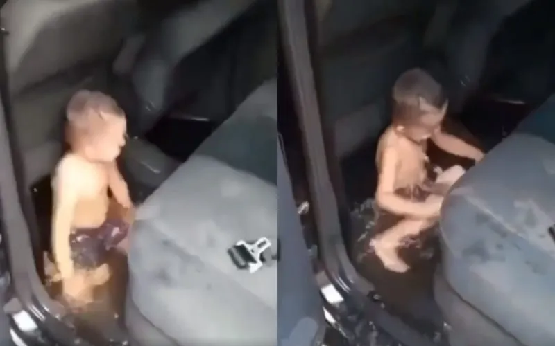 Vídeo: criança faz 'piscina improvisada' no carro do avô