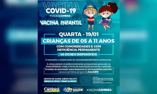 Cambira inicia vacinação de crianças a partir desta quarta