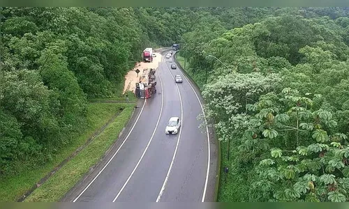 Carreta tomba na BR-376 e espalha carga de soja na pista