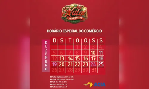 Comércio de Arapongas divulga horário especial de fim de ano