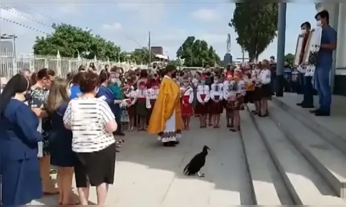 Urubu assiste à missa junto a fiéis em paróquia do Paraná