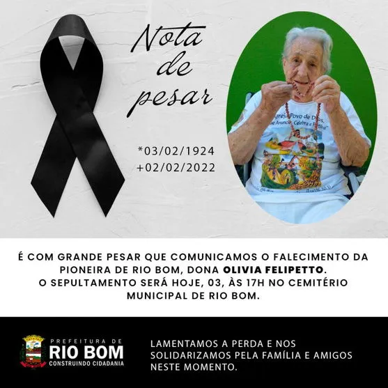 Morre, nesta quarta (02), pioneira do município de Rio Bom