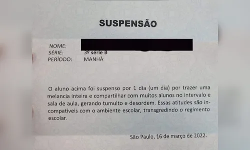Aluno é suspenso de colégio em São Paulo por levar melancia