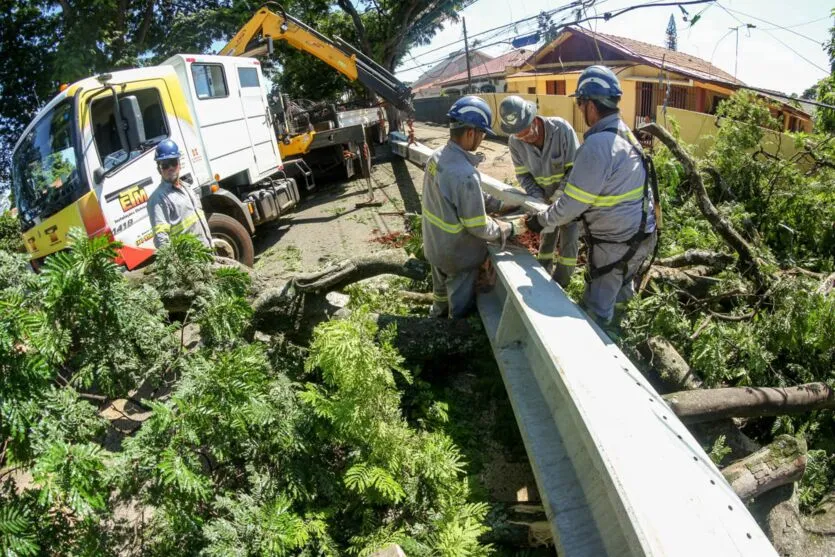 Com trabalho intenso durante a noite, Copel religa quase 90% das unidades afetadas pelo temporal - Na foto, trabalhos na área central dae Maringá: avenidas Mandacaru, XV de Novembro, Colombo e Rua Piratininga - Curitiba, 24/04/2022