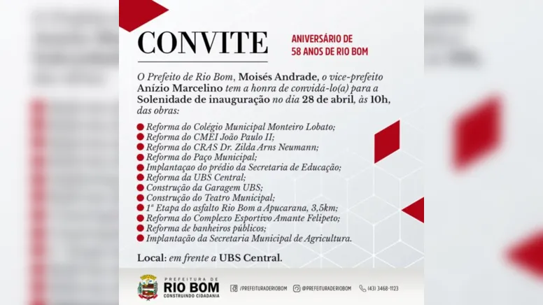 Imagem ilustrativa da notícia Aniversário da cidade: Inaugurações em Rio Bom