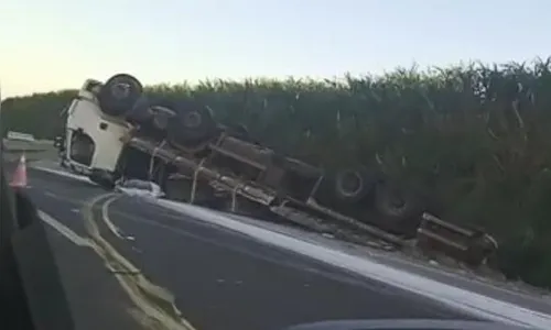 Caminhão carregado com telhas capota na BR-376 nesta manhã