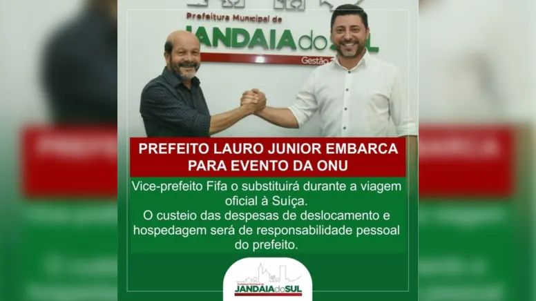 O prefeito de Jandaia do Sul, Lauro Junior (União Brasil), passou o cargo nesta quinta-feira ao vice-prefeito Dionísio Costa Alves