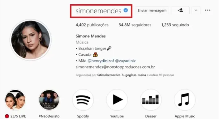 A alteração do nome na rede social acontece poucos dias após Simaria ter deixado de seguir a irmã no Instagram