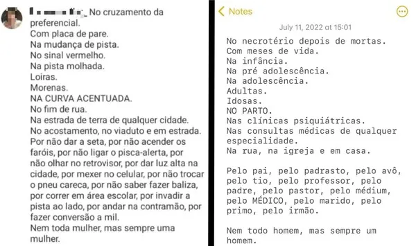 À direita, o texto é da artista em que fala sobre o estupro. À esquerda, o texto do estudante debocha da situação