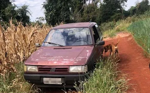 O carro estava abandonado sem as quatro rodas em uma mata na estrada do Ouro Verde