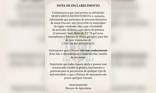 Diocese de Apucarana alerta para 'seminarista' vendendo rifa; entenda