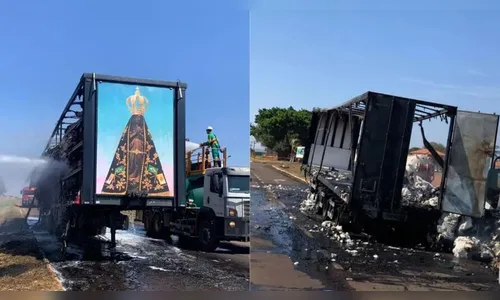 Painel de Nossa Senhora Aparecida fica intacto após carreta pegar fogo