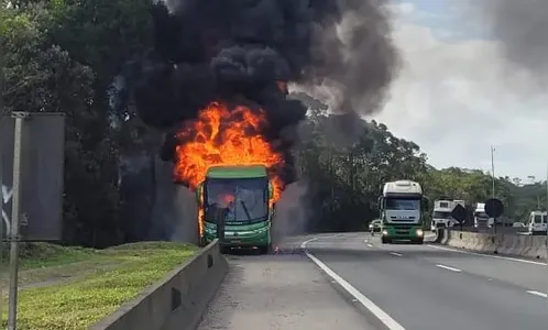 Ônibus de linha da Catarinense pega fogo e interdita BR-376