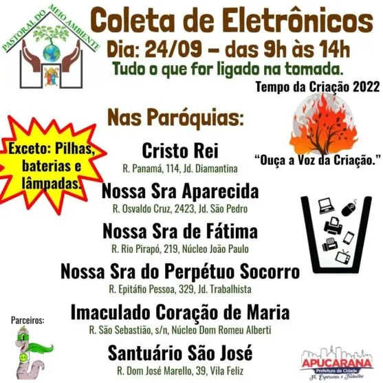 A Coleta de Eletrônicos e a distribuição de mudas aconteces no dia 24 de setembro