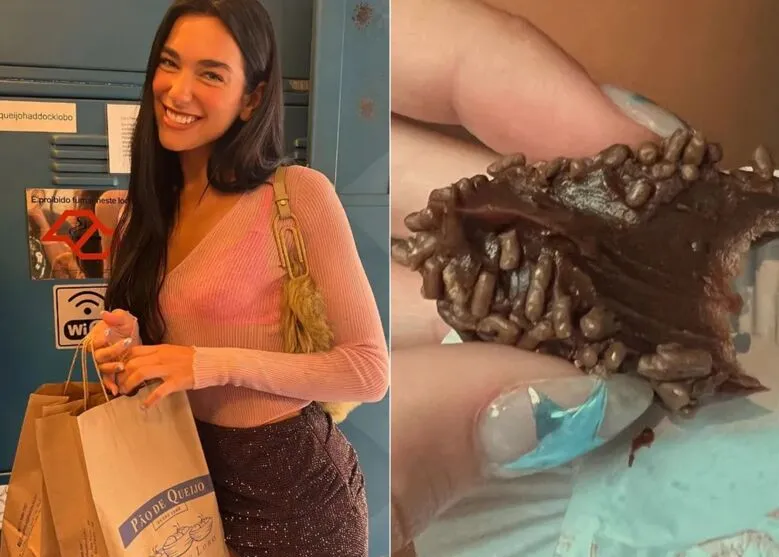 Artista aparece com uma sacola de uma loja de pães de queijo e segurando um brigadeiro mordido