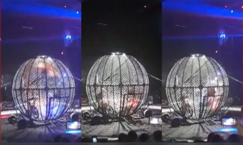 Motociclistas de 'globo da morte' ficam feridos após se chocarem; veja