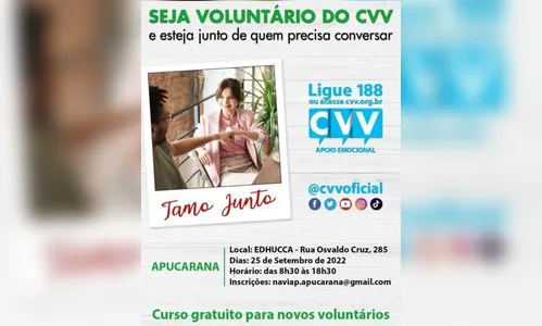 Centro de Valorização da Vida treina voluntários neste domingo (25)