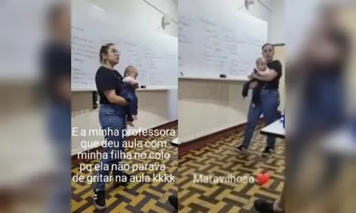 Professora viraliza ao segurar bebê de aluna enquanto dá aula; vídeo