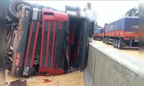 Caminhão carregado com soja tomba na BR-277; carga é saqueada