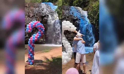 Casal tinge água de cachoeira de azul durante chá revelação; vídeo