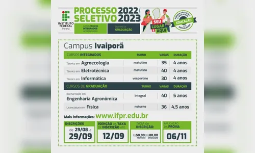 IFPR de Ivaiporã abre processo seletivo para cursos; confira quais são