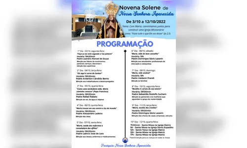 Veja programação da Novena Solene de Nossa Senhora Aparecida
