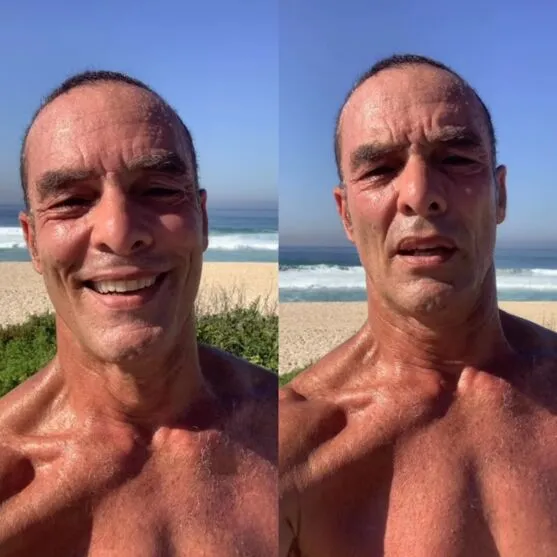Usando apenas shorts e tênis, o ator deixou o corpo torneado à mostra
