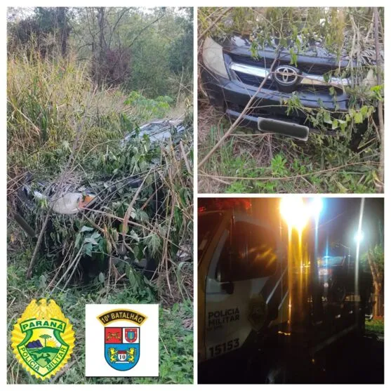 A caminhonete foi encontrada camuflada numa área de mata na zona rural de Cambira