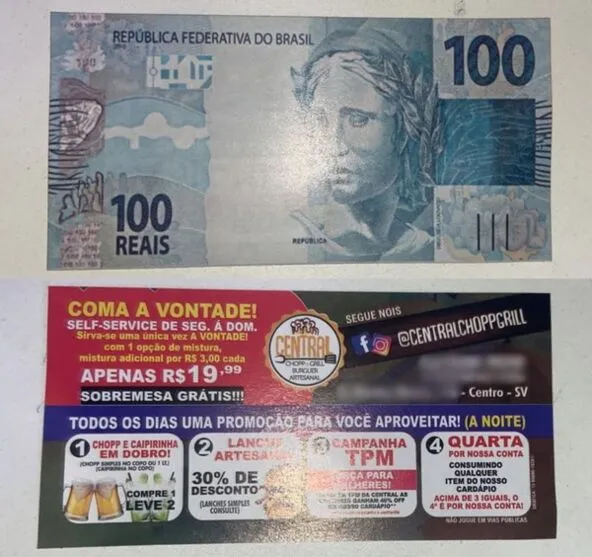 Os panfletos imitam a cédula de R$ 100