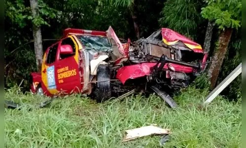 Viatura do Corpo de Bombeiros colide contra árvore na BR-277