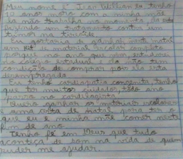 Elhoa, de 7 anos, pediu uma cesta básica e uma roupa para o fim de ano