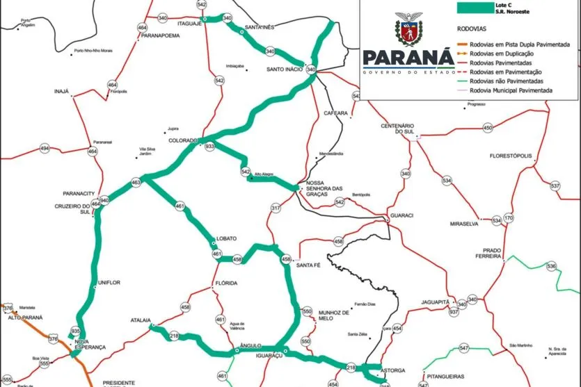 Mapa do Lote C do Proconserva, que vai atender 17 municípios do Noroeste, com obras em 238 km de rodovias