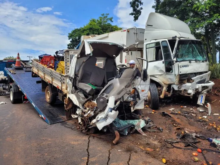 Um motorista, de 54 anos, morreu na hora. Ele transportava carga de tomates, que ficou espalhada pela pista